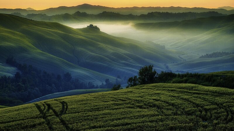 Rolling Green Hills — Serene, Sunrise, Photograph, Fog