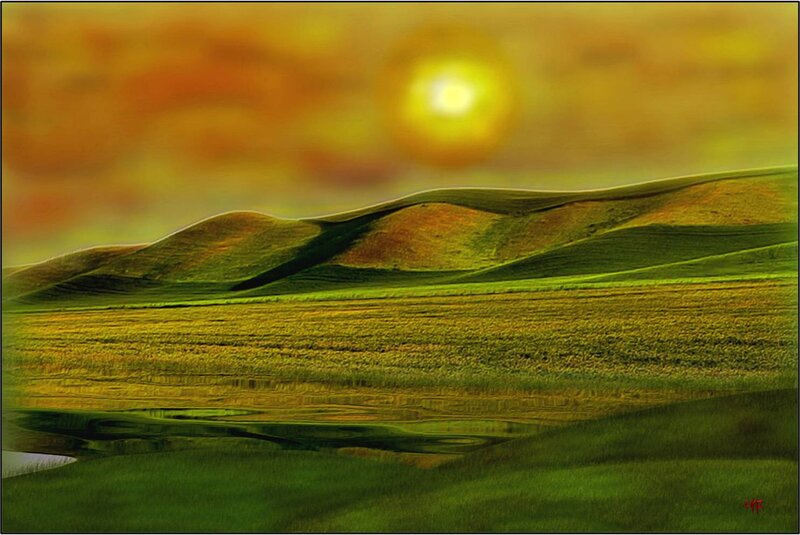 Rolling Green Hills — Serene, Sunset, Digital Art