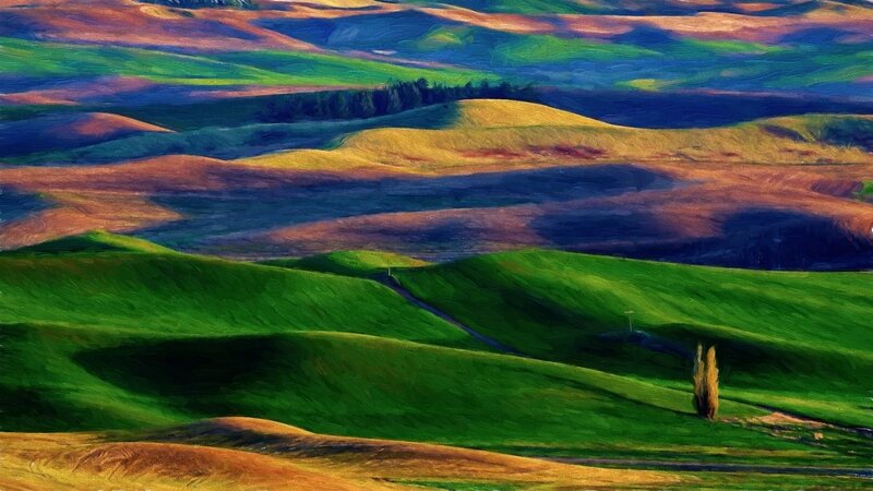Rolling Green Hills — Serene, Sunset, Painting