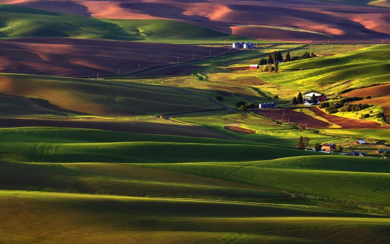 Rolling Green Hills — Serene, Sunset, Photograph, Farmhouses, Silos
