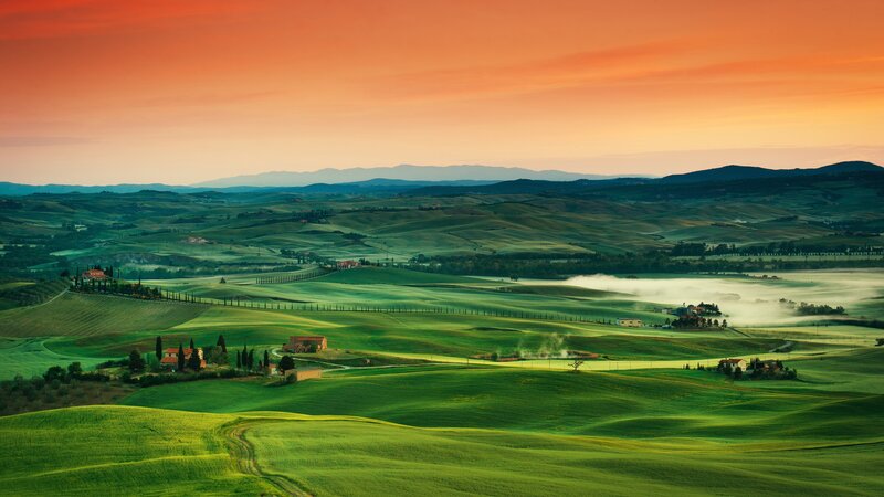 Rolling Green Hills — Serene, Sunset, Photograph, Farmhouses