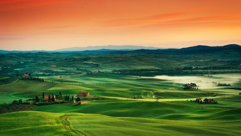 Rolling Green Hills — Serene, Sunset, Photograph, Farms, Cypress Trees