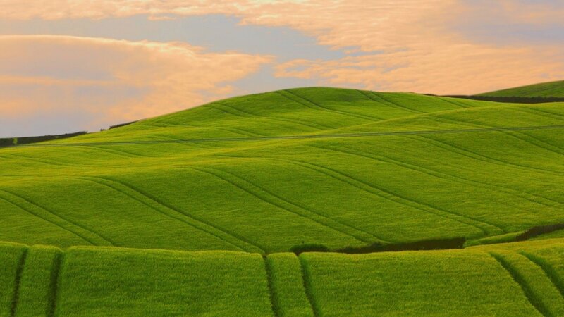 Rolling Green Hills — Serene, Sunset, Photograph, Fields, Sky, Clouds