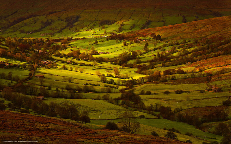 Rolling Green Hills — Serene, Sunset, Photograph, Fields, Trees, Cottages