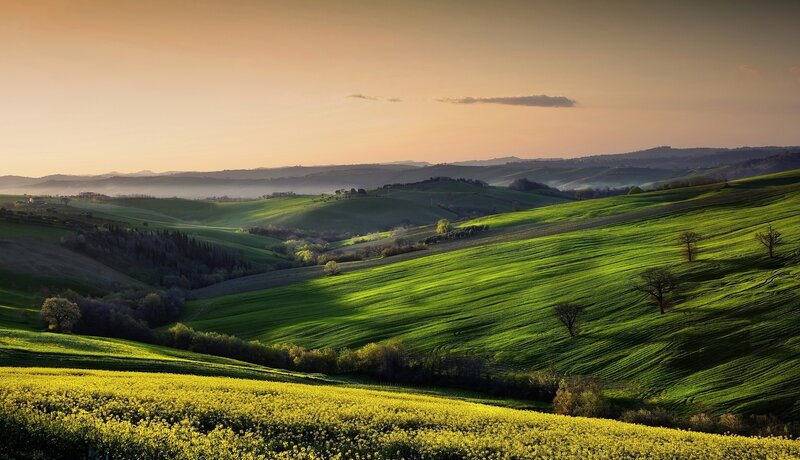 Rolling Green Hills — Serene, Sunset, Photograph, Fields, Trees, Sky