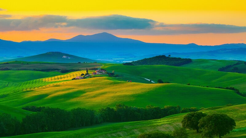 Rolling Green Hills — Serene, Sunset, Photograph, Mountains, Farmhouse