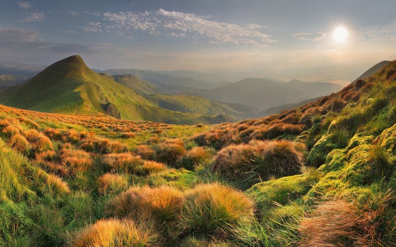 Rolling Green Hills — Serene, Sunset, Photograph, Mountains