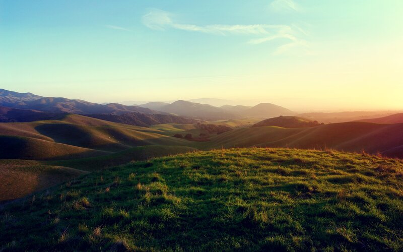 Rolling Green Hills — Serene, Sunset, Photograph, Sky, Sunlight