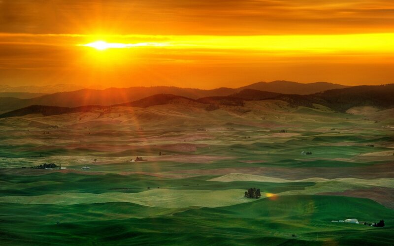 Rolling Green Hills — Serene, Sunset, Photograph, Sun