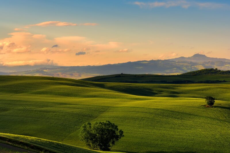 Rolling Green Hills — Serene, Sunset, Photograph, Trees, Clouds