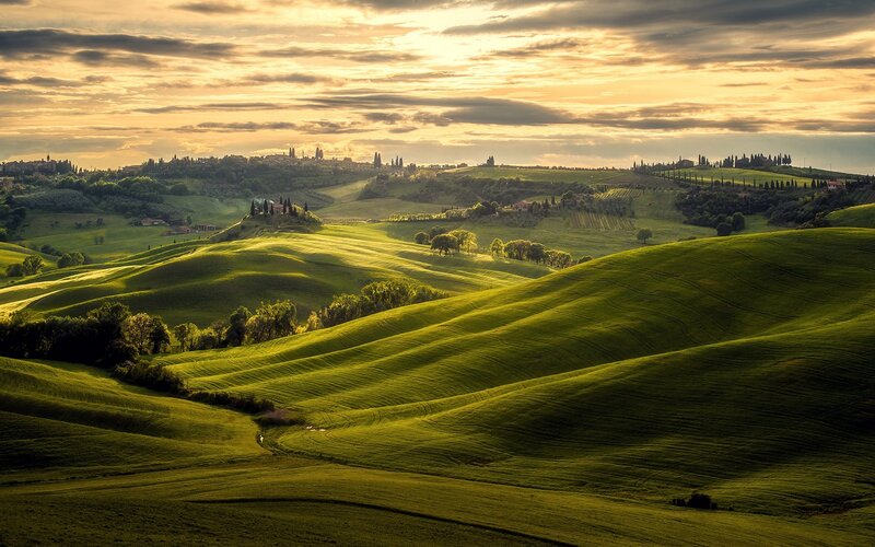 Rolling Green Hills — Serene, Sunset, Photograph, Trees, Village, Sky