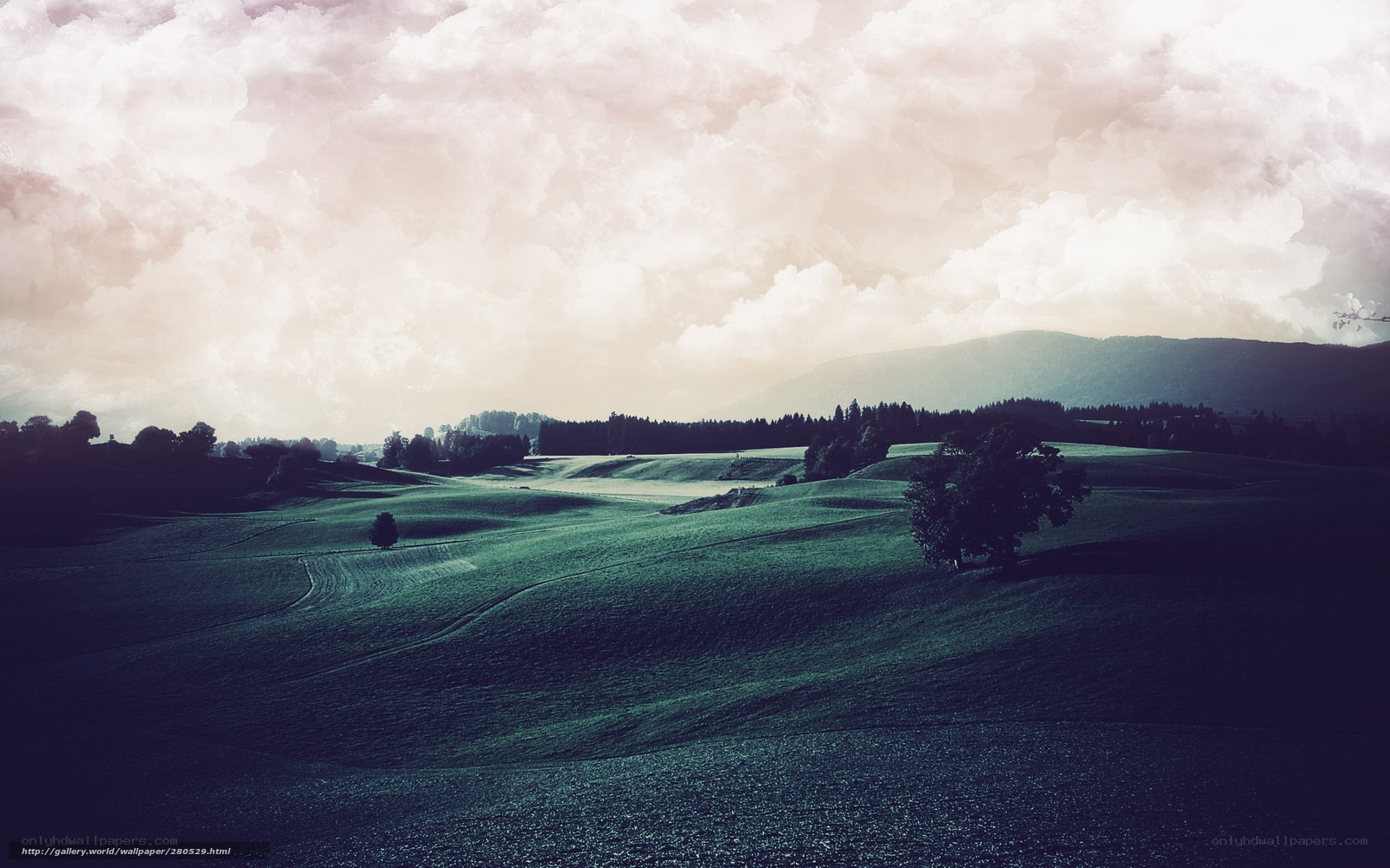 Rolling green hills under cloudy sky
