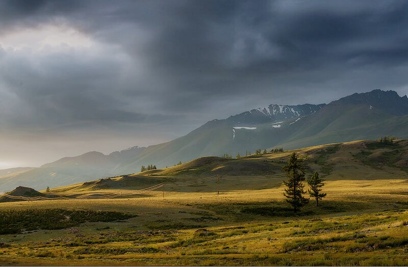 Rolling Hills and Mountains — Green, Dramatic, Afternoon, Photograph