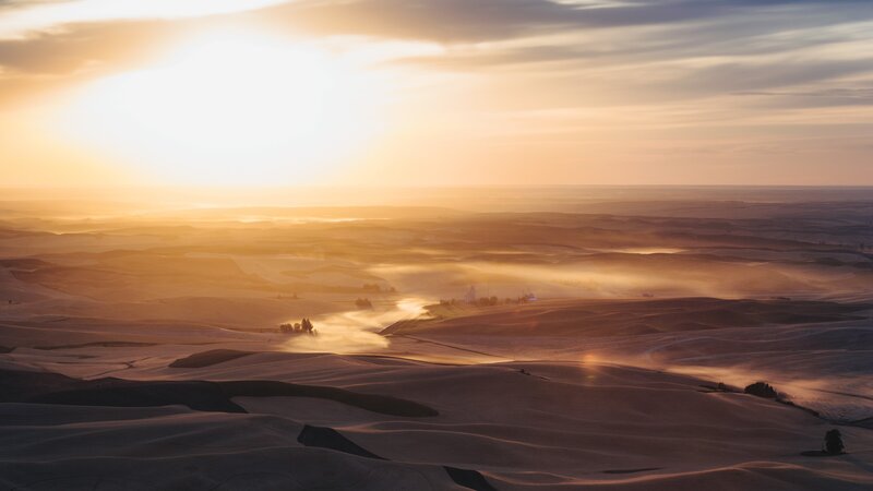 Rolling Hills at Sunrise — Gold, Serene, Photograph, Fog