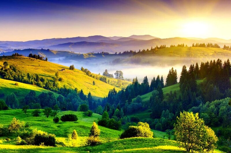 Rolling Hills at Sunrise — Green, Serene, Photograph, Mountains