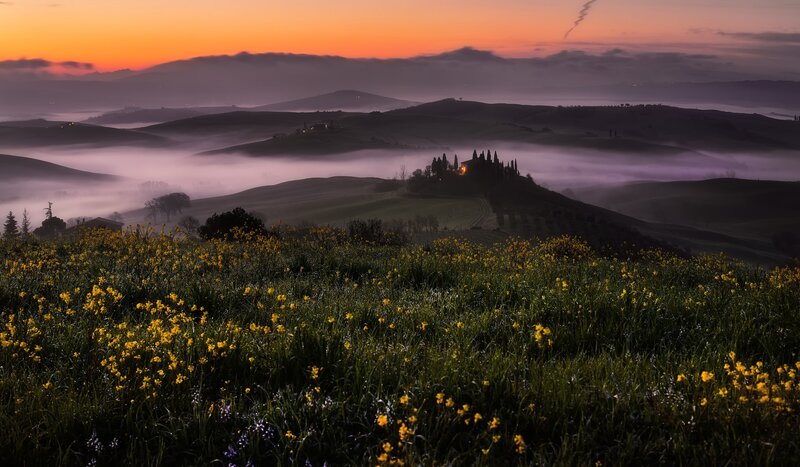 Rolling Hills at Sunrise — Orange, Serene, Photograph, Fog