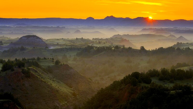 Rolling Hills at Sunrise — Orange, Serene, Photograph