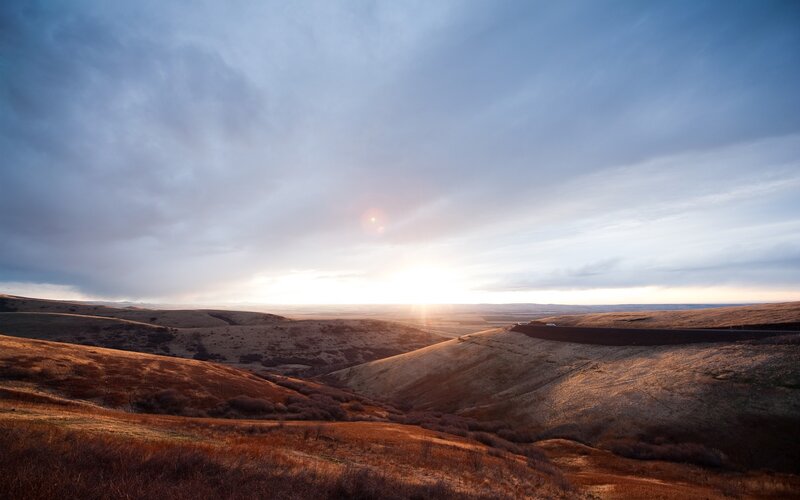 Rolling Hills at Sunset — Brown, Serene, Photograph, Sun, Clouds