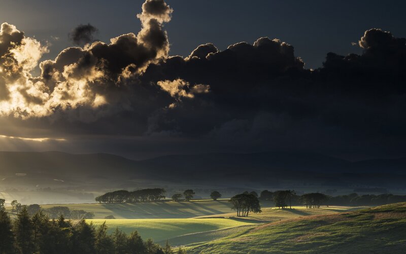 Rolling Hills at Sunset — Green, Dramatic, Photograph, Clouds, Trees