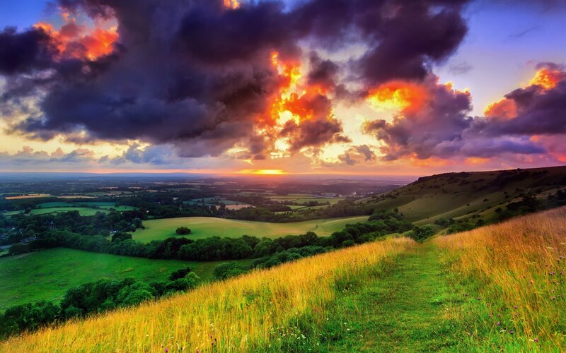 Rolling Hills at Sunset — Green, Dramatic, Photograph, Sky
