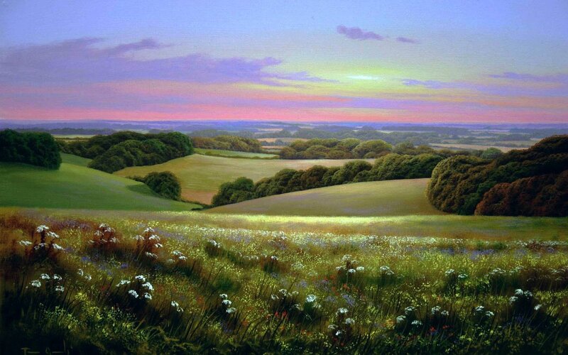 Rolling Hills at Sunset — Green, Serene, Painting