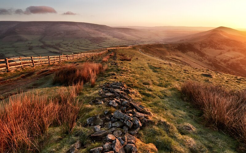 Rolling Hills at Sunset — Green, Serene, Photograph, Fence, Stone Wall, Grass