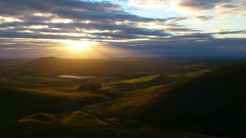 Rolling Hills at Sunset — Green, Serene, Photograph, Sun, Clouds