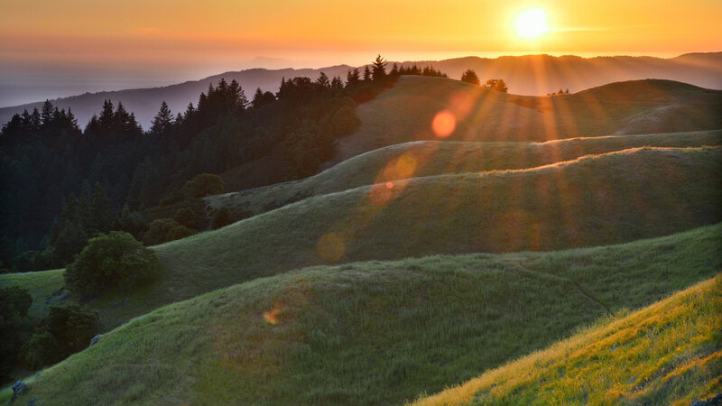 Rolling Hills at Sunset — Green, Serene, Photograph, Sun