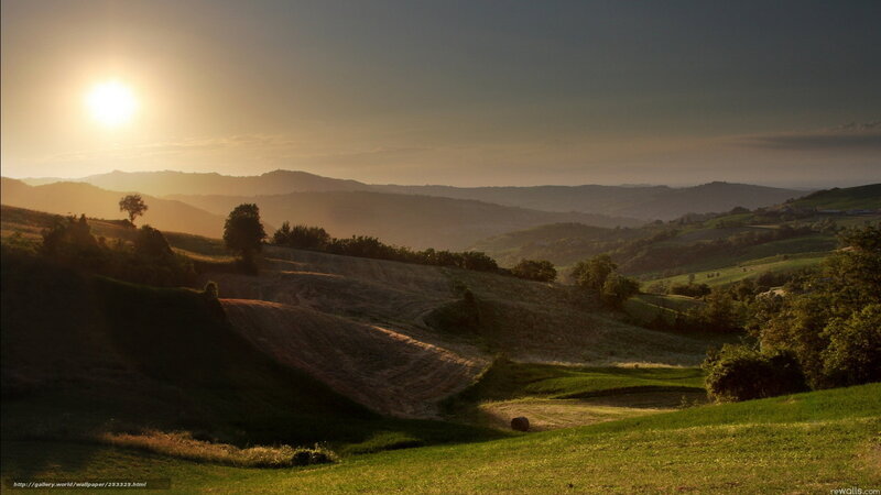 Rolling Hills at Sunset — Green, Serene, Photograph, Sun, Trees, Hay Bale