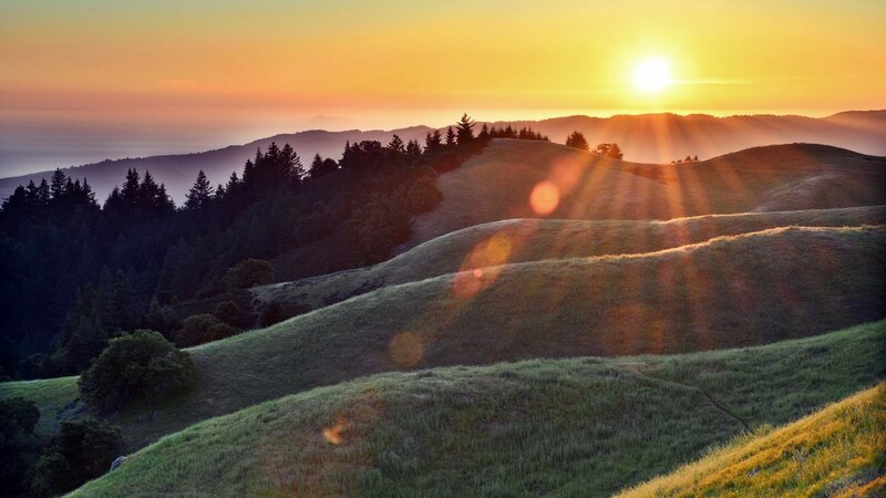 Rolling Hills at Sunset — Green, Serene, Photograph, Sun, Trees, Mountains