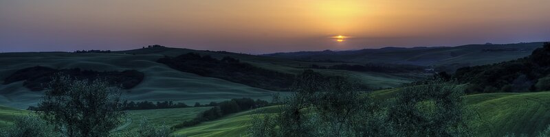 Rolling Hills at Sunset — Green, Serene, Photograph, Sun, Trees, Orange, Purple