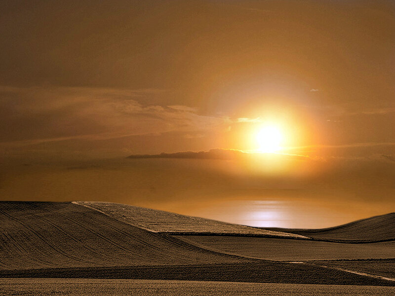 Rolling Hills at Sunset — Orange, Serene, Photograph