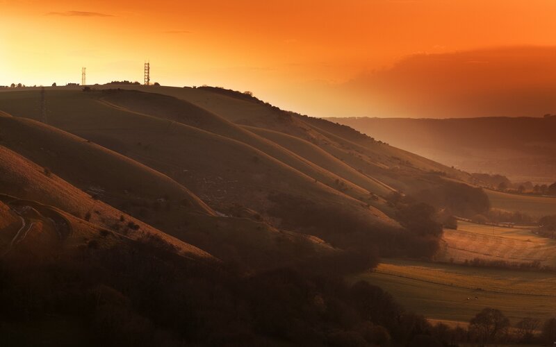 Rolling Hills at Sunset — Orange, Serene, Photograph, Tower
