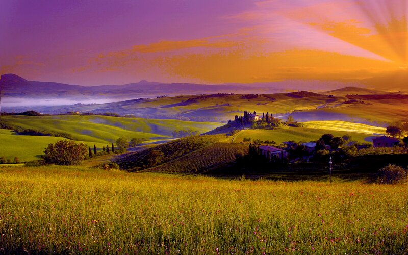 Rolling Hills at Sunset — Purple, Serene, Photograph, Farmhouse