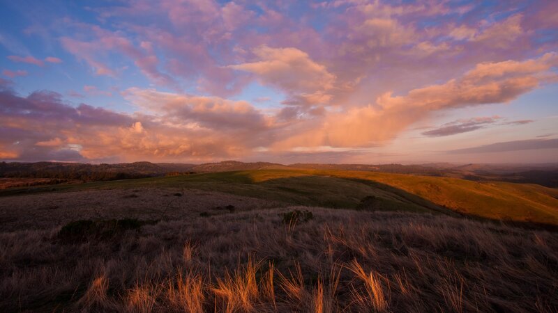 Rolling Hills at Sunset — Purple, Serene, Photograph, Sky