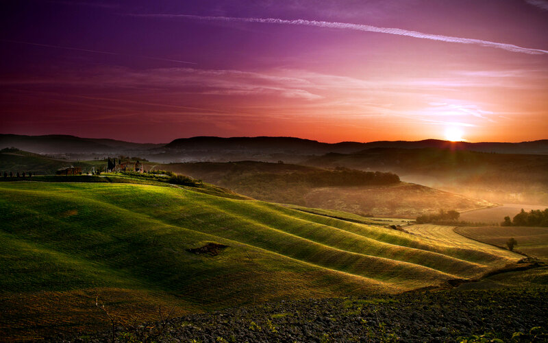 Rolling Hills at Sunset — Purple, Serene, Photograph, Sun