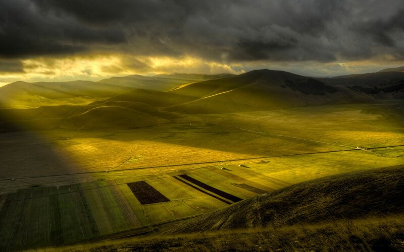 Rolling Hills at Sunset — Yellow, Dramatic, Photograph, Fields