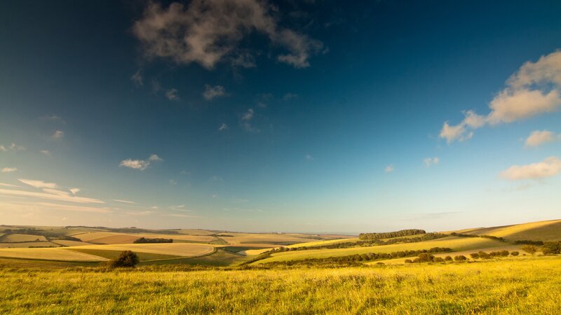 Rolling Hills Landscape — Blue, Serene, Afternoon, Photograph, Fields, Clouds