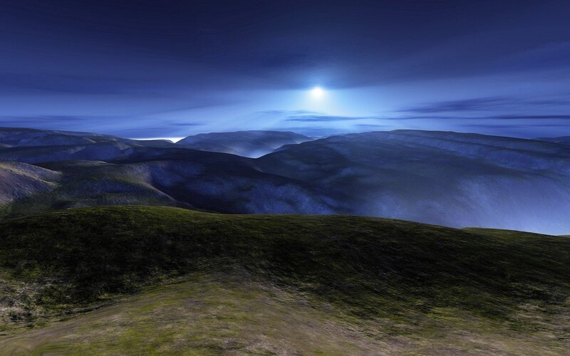 Rolling Hills Landscape — Blue, Serene, Night