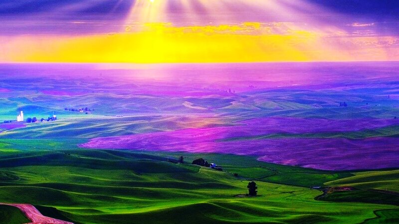 Rolling Hills Landscape — Green, Dramatic, Sunset, Digital Art