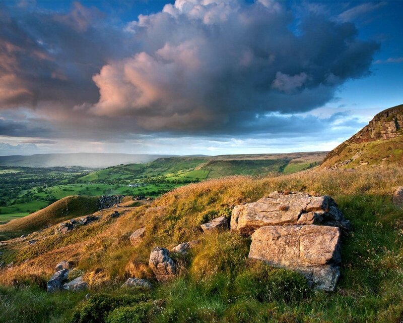 Rolling Hills Landscape — Green, Dramatic, Sunset, Photograph, Clouds, Rocks, Valley, Blue