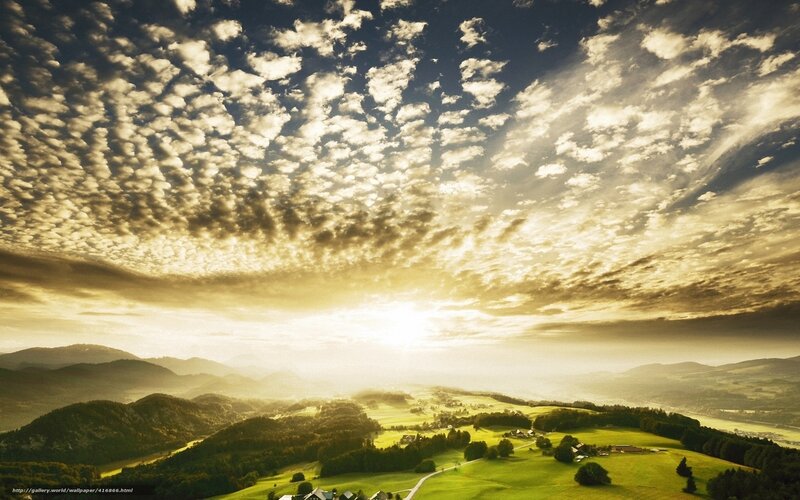 Rolling Hills Landscape — Green, Dramatic, Sunset, Photograph, Clouds, Sunlight