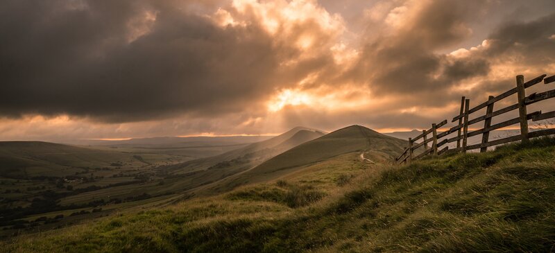 Rolling Hills Landscape — Green, Dramatic, Sunset, Photograph, Fence