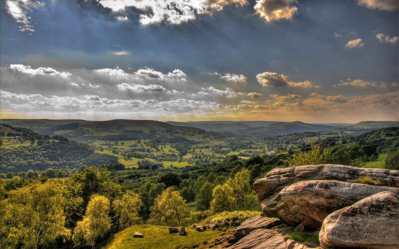 Rolling Hills Landscape — Green, Dramatic, Sunset, Photograph, Rocks