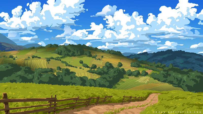 Rolling Hills Landscape — Green, Serene, Afternoon, Digital Art