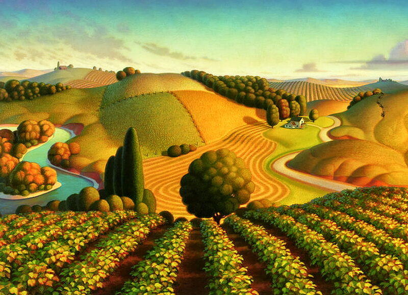 Rolling Hills Landscape — Green, Serene, Afternoon, Illustration