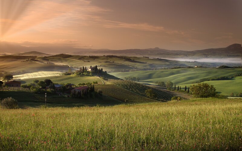 Rolling Hills Landscape — Green, Serene, Morning, Photograph, Farmhouses