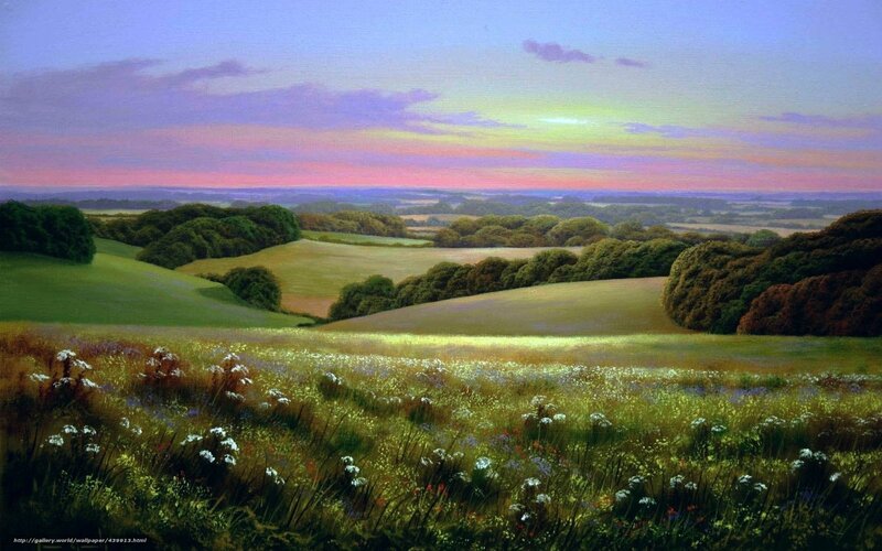 Rolling Hills Landscape — Green, Serene, Sunset, Painting