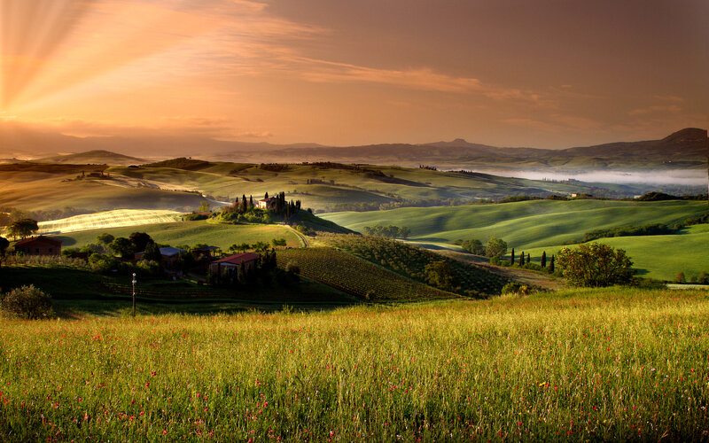 Rolling Hills Landscape — Green, Serene, Sunset, Photograph, Farmhouse