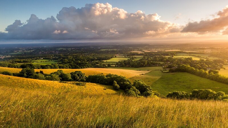 Rolling Hills Landscape — Green, Serene, Sunset, Photograph, Fields